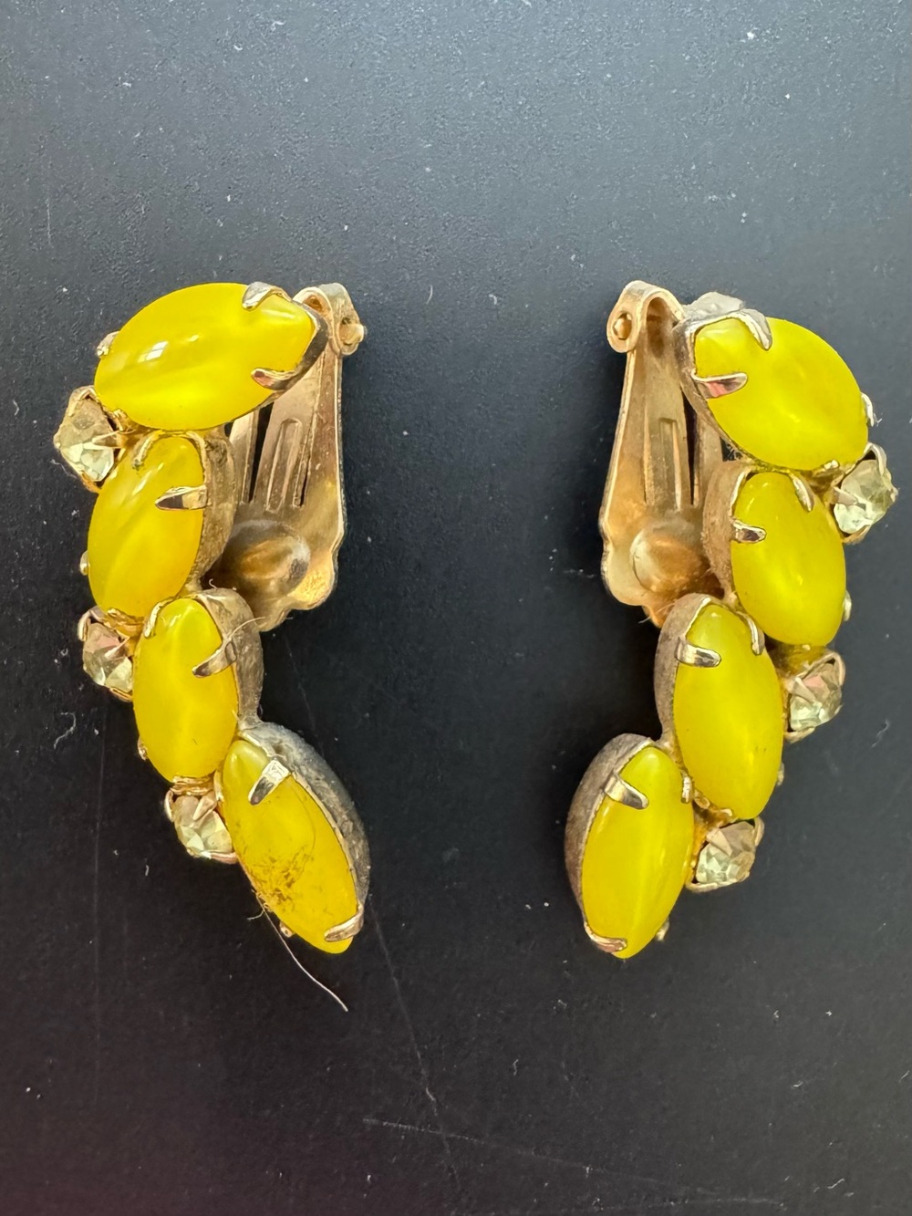 Vintage La Rel Neon Yellow Cabochon Navette Rhinestone Clip-On Earrings